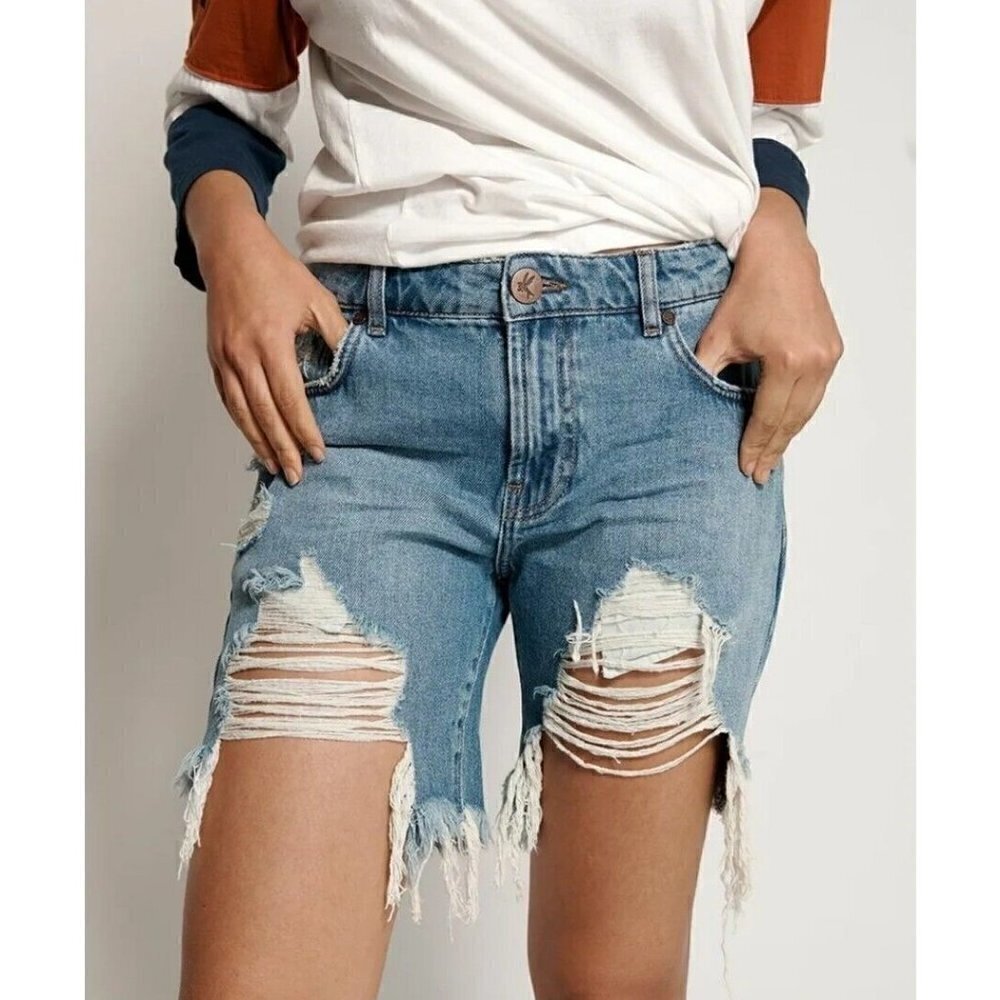 New One Teaspoon Pacifica Stevies Denim Shorts Womens 25 Blue Long Length